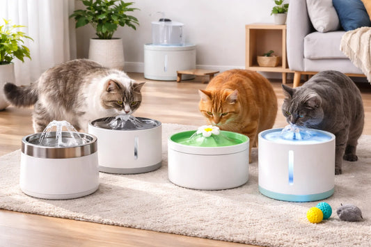 3 chats boient de l'eau de fontaines electriques