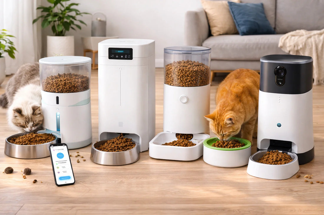 2 chats mangent croquettes aux distributeurs automatiques