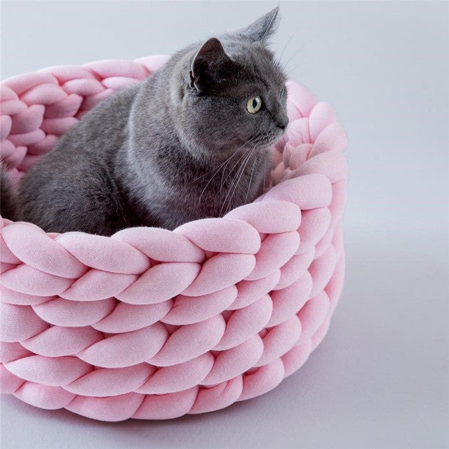 chat gris dans panier chat rose